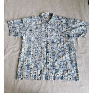 Vintage Murf Wear Mens XL Hawaiian Shirt Blue Green All Over Print AOP Island
